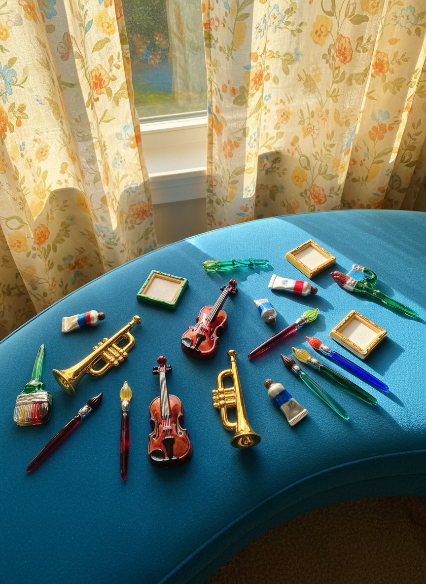 A colorful display of glossy, hand-blown glass ornaments shaped like musical instruments, paintbrushes, and canvas frames, arranged playfully atop a curved, bright blue velvet ottoman. The scene is set in front of a large, sunny window draped with sheer, cheerful curtains, allowing golden light to wash over the glass, creating vivid reflections and shimmering highlights. The perspective is an asymmetrical overhead shot, capturing whimsical layout and energetic contrast between translucent glass and plush textures, in an image that radiates joy, color, and the creative personality of an artistic family website.