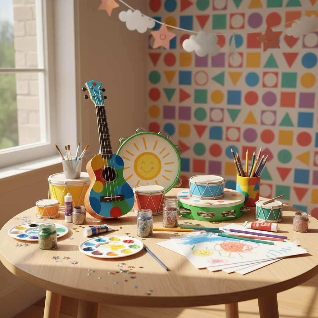A collection of vibrant, hand-painted musical instruments and art supplies neatly arranged on a cheerful, round-edged wooden table with splashes of paint and glitter scattered about. The background features playful, multi-colored geometric wall art and whimsical paper garlands draped overhead. Sunlight streams in from a nearby window, casting energetic, dappled highlights across the table and rounding out an atmosphere that is lively and inspiring. Shot from a slightly elevated angle with sharp focus on textures and vivid colors, the image exudes photographic realism, brimming with family creativity and playful energy, perfectly supporting a family talents showcase website.