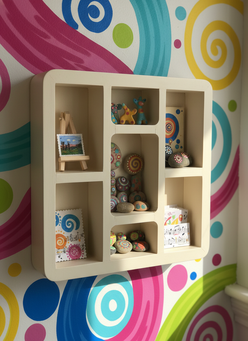 A bright, whimsical wooden shadow box with rounded corners, divided into small compartments displaying miniature art easels, clay sculptures, painted stones, and colorful sheet music. The box is mounted on a playful, mural-painted wall with swirls and dots in exuberant colors. Afternoon sunlight filters through, casting gentle highlights and shadow play across the compartments and textured items inside. The image is captured from a slightly elevated angle, keeping everything in sharp focus with a photographic, vibrant style that emphasizes the site’s creative, family-oriented, and playful energy.