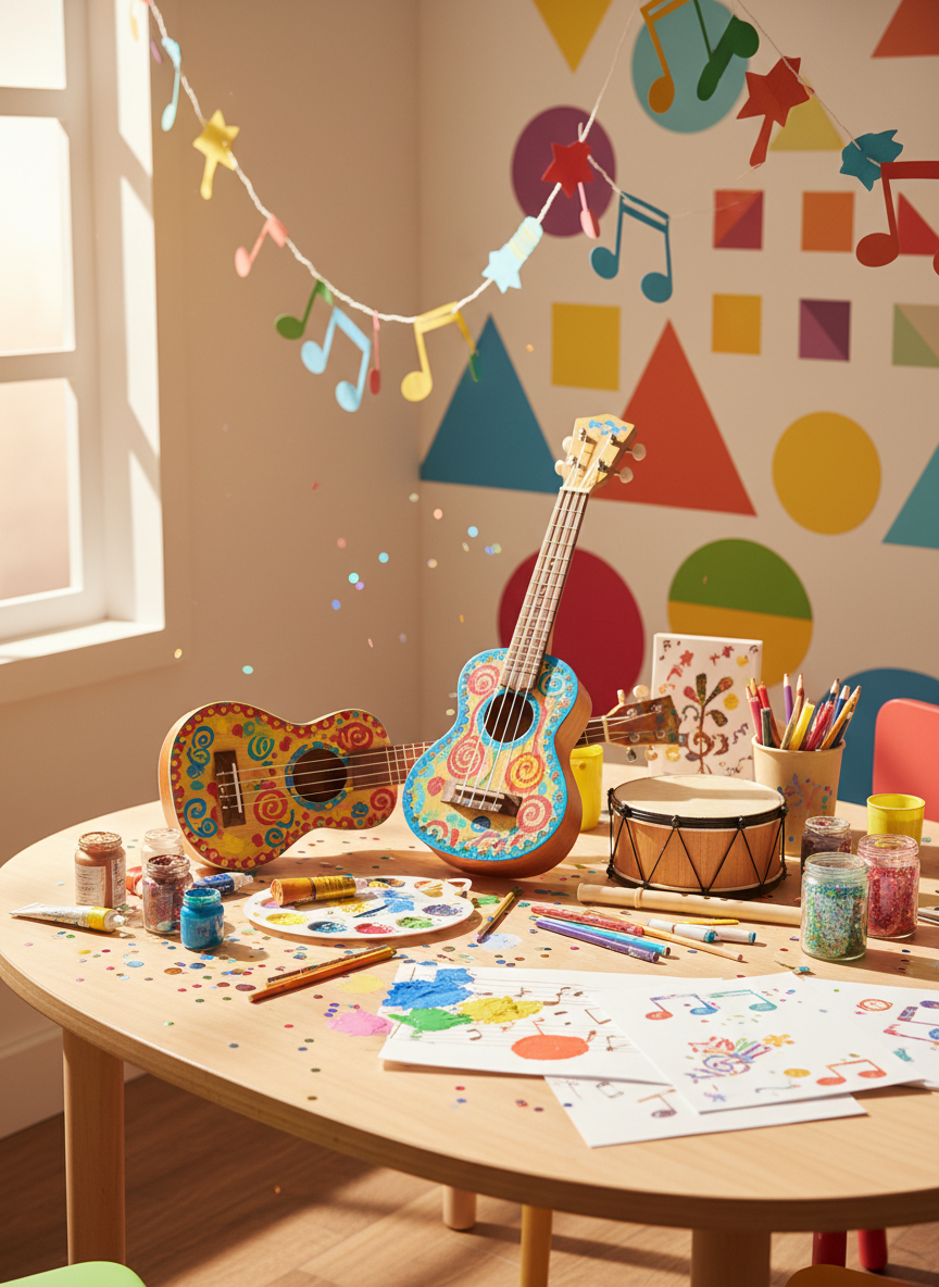 A collection of vibrant, hand-painted musical instruments and art supplies neatly arranged on a cheerful, round-edged wooden table with splashes of paint and glitter scattered about. The background features playful, multi-colored geometric wall art and whimsical paper garlands draped overhead. Sunlight streams in from a nearby window, casting energetic, dappled highlights across the table and rounding out an atmosphere that is lively and inspiring. Shot from a slightly elevated angle with sharp focus on textures and vivid colors, the image exudes photographic realism, brimming with family creativity and playful energy, perfectly supporting a family talents showcase website.