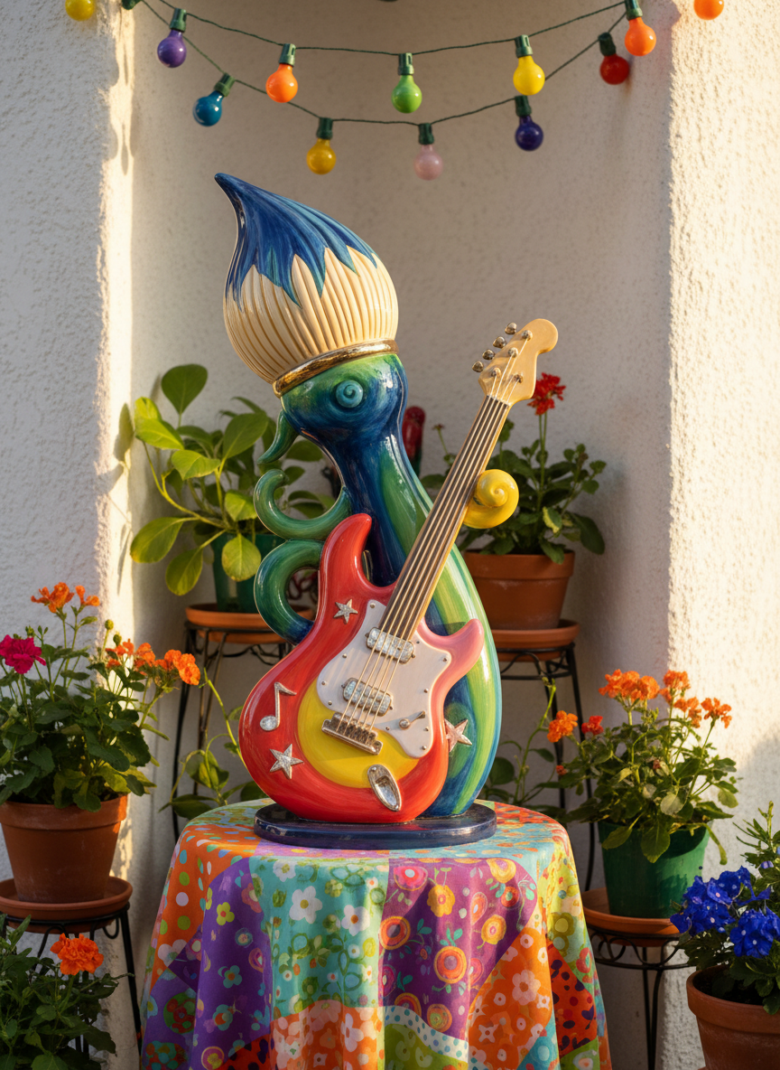 A glossy, whimsical ceramic sculpture of an oversized paintbrush and guitar intertwined, set atop a circular pedestal covered with bright, patterned cloth. The pedestal sits in a sunlit alcove adorned with vibrant, potted houseplants and string lights with colorful bulbs encircling above. Warm afternoon sunlight creates soft, cheerful highlights and lively reflections on the glossy surfaces. Captured at eye level with a centered composition and shallow depth of field, the mood is playful and dynamic, with rounded forms and a photographic style that enhances the imaginative, energetic personality of a family-centered creative site.