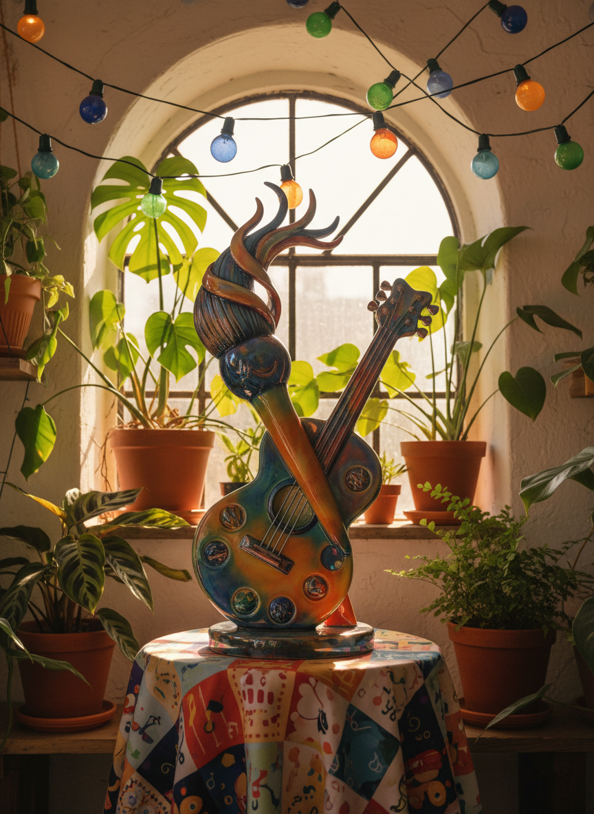 A glossy, whimsical ceramic sculpture of an oversized paintbrush and guitar intertwined, set atop a circular pedestal covered with bright, patterned cloth. The pedestal sits in a sunlit alcove adorned with vibrant, potted houseplants and string lights with colorful bulbs encircling above. Warm afternoon sunlight creates soft, cheerful highlights and lively reflections on the glossy surfaces. Captured at eye level with a centered composition and shallow depth of field, the mood is playful and dynamic, with rounded forms and a photographic style that enhances the imaginative, energetic personality of a family-centered creative site.