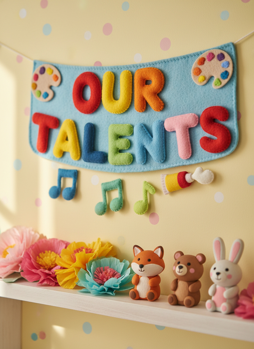 A close-up of a playful, hand-crafted felt banner spelling out 'Our Talents' in bright, puffy letters, with miniature felt art palettes, musical notes, and paint tubes sewn onto it. The banner hangs against a pastel yellow wall decorated with scattered polka dots, surrounded by vibrant paper flowers and whimsical clay animal figurines below. Morning light filters through gently from the side, illuminating the textures and colors with a soft, energetic glow. The photo is composed with an eye-level, loosely framed perspective, emphasizing bright colors and rounded, cheerful forms, in a photographic style that captures the playful spirit of a family talent showcase.